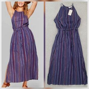 Universal Thread Navy Blue White Striped Sleeveless Halter-Neck Maxi Dress L NEW